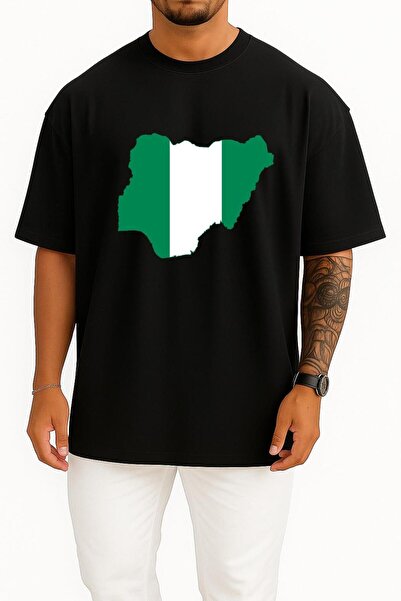 Bahriyeli Collection تي شيرت للجنسين بتصميم علم وخرائط نيجيريا كبير الحجم على...