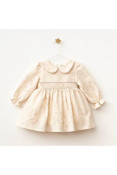 MixMax Bebe Baby Girl Daisy Branch Design Waist Ruched Detail Long Sleeve 100% Cotton Muslin Dress