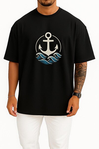 Bahriyeli Collection Oversize Anchor Wave – Unisex T-Shirt with Naval Chest D...