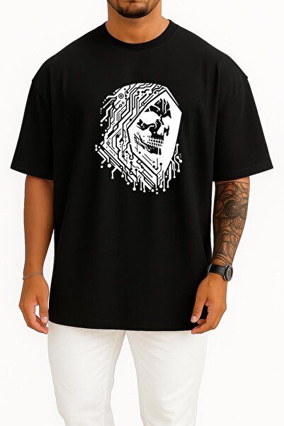 Bahriyeli Collection تي شيرت للجنسين بتصميم جمجمة هاكر كبيرة الحجم على الصدر ...