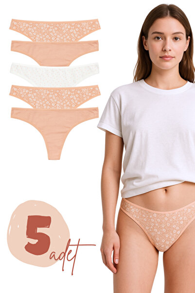 LİBELLA İÇ GİYİM Women's Cotton Lycra Thong Panties 5 Pack - Pastel Floral Pattern