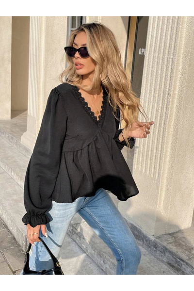Butik Women's Long Sleeve V Lace Neck Aerobin Blouse