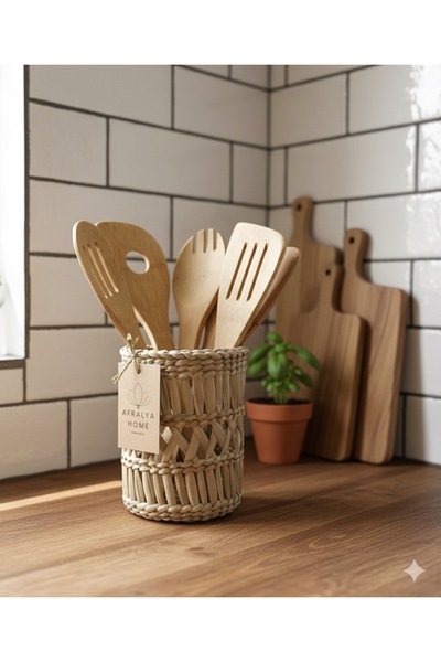 afralya home Ψάθινη θήκη για καλαμάκια για γλάστρα - Μπαμπού και ξύλινη θήκη για κουτάλια στον πάγκο