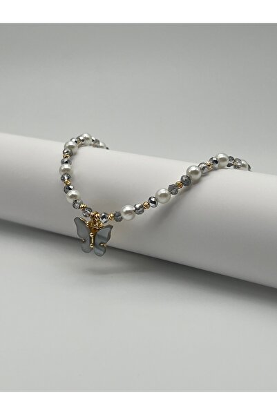 Lacinello Jewelry Gri Piramit Beyaz İnci Boncuklu Kelebekli Tasarım Kolye