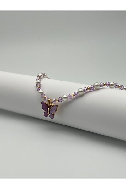 Lacinello Jewelry Mor Kelebek Piramit İnci Boncuklu Tasarım Kolye
