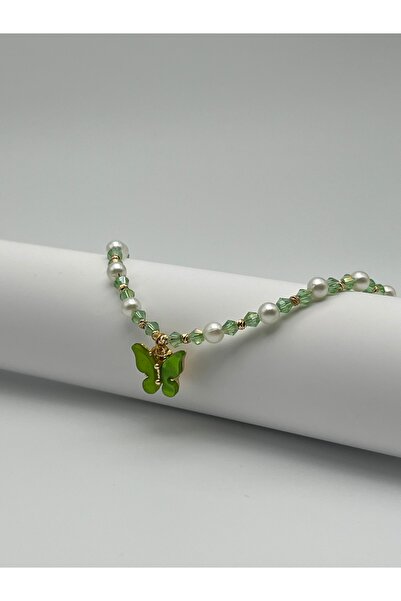 Lacinello Jewelry Su Yeşili Piramit İnci Boncuklu Kelebekli Tasarım Kolye