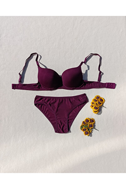 siyalife Corded Fabric Padded Plum Bra and Panty Underwear Set