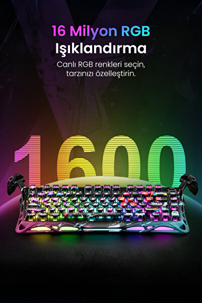 Gravastar Mercury V75 Pro Hall Effect Manyetik Switch Rapid Trig. 8KHz RGB Kablolu Gaming Klavye Neon Graffi.