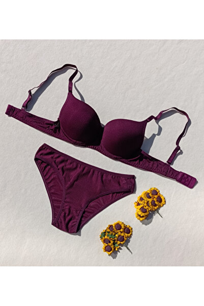 siyalife Corded Fabric Padded Plum Bra and Panty Underwear Set