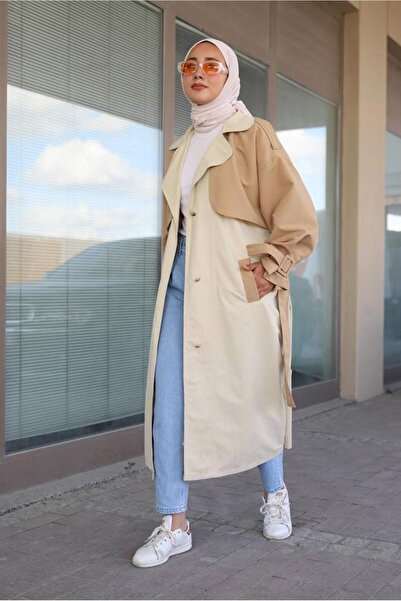 TRENDTESETTÜR KADIN KAHVE (CAMEL) KUŞAKLI CEPLİ İKİ RENK TRENÇKOT 80080