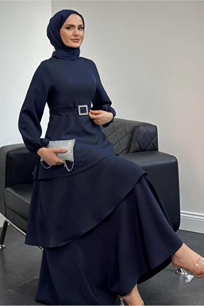 TRENDTESETTÜR KADIN LACİVERT KEMERLİ KATLI ELBİSE T 3821