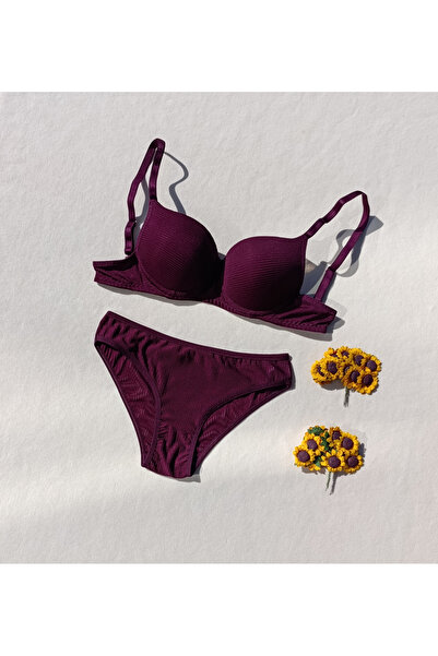 siyalife Corded Fabric Padded Plum Bra and Panty Underwear Set