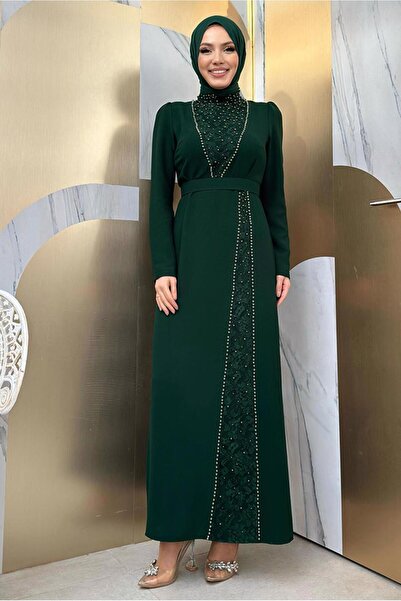 TRENDTESETTÜR KADIN YEŞİL (ZÜMRÜT) TAŞ DETAYLI KEMERLİ ELBİSE T 0783