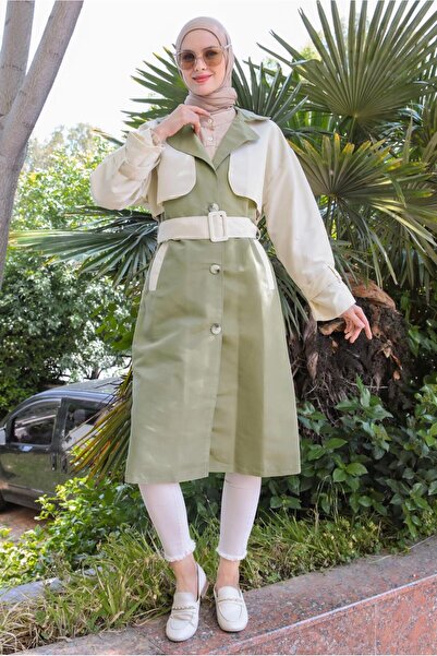 TRENDTESETTÜR KADIN HAKİ İKİ RENKLİ KUŞAKLI BANTLI TRENÇKOT T 90080