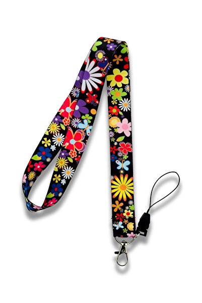 PABALAS Culoare neagră Model de flori Gât Snur Curea Suport pentru card de vi...