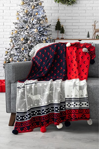 Sevim Плетено одеяло с релефна текстура и помпони с кози мотиви – коледен подарък – 130x170 cm – тъмно синьо