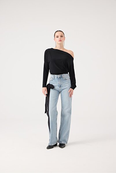 HOLLY LOLLY High Waist Ribbon Detailed Wide Leg Kyla Jean Trousers Black