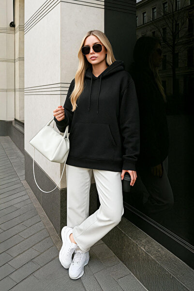 MARKAPIA WOMAN Tunica neagră pentru femei cu cu glugă buzunare Swea tricou