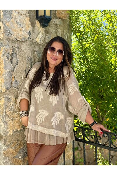 Punta Otantik NC0023 Πλεκτό από μετάξι με ανάγλυφο σχέδιο με παγιέτες ιταλική μπλούζα κρέμα