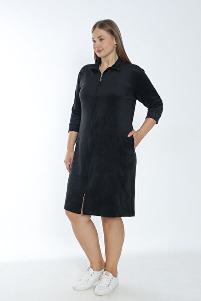 İntensive Γυναικείο μαύρο φόρεμα με μανίκια τριών τετάρτων με τσέπες με φερμουάρ από μαλακό φλις σε μεγάλο μέγεθος