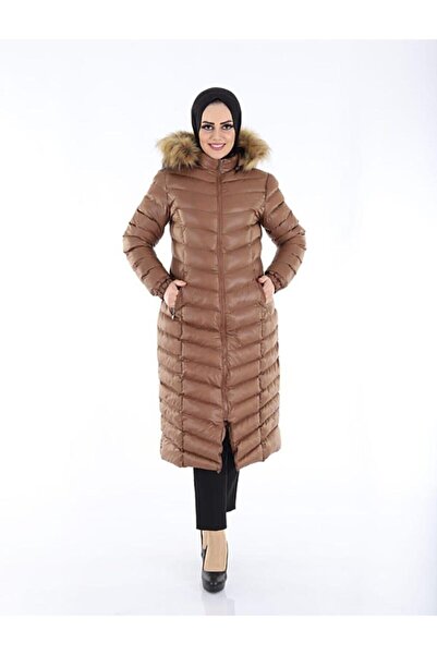 Space Fashion Дамско дълго светлокафяво пухено палто