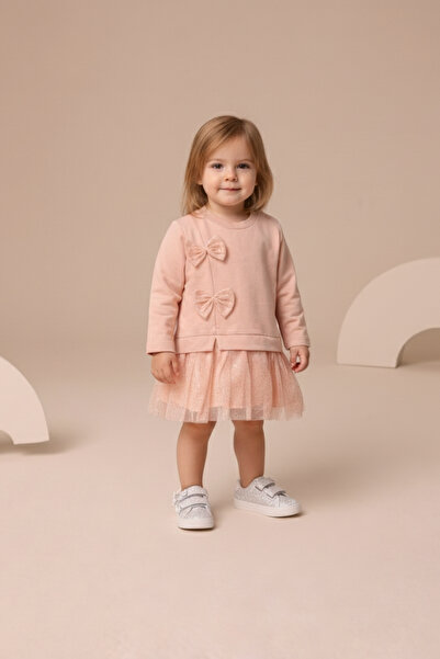 Minipodyum Mevsimlik Uzun Kollu %100 Pamuk Astarlı Kız Bebek Tüllü Elbise