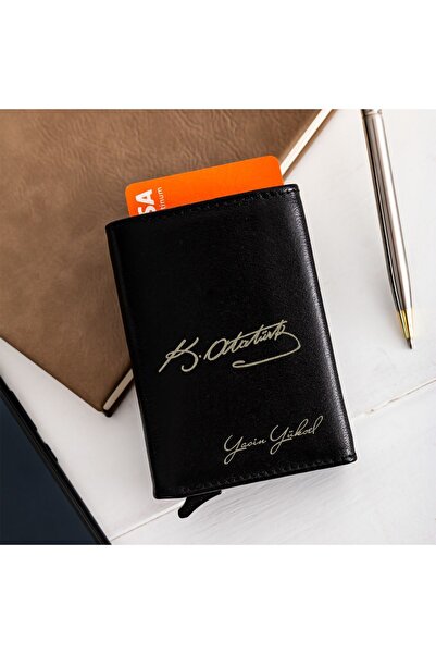 Hediyesepeti İsme Özel Atatürk İmzası Tasarımlı Otomatik Erkek Cüzdanı - Haki...