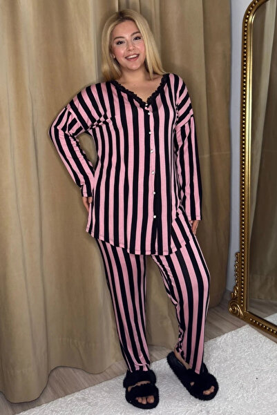 tarzımsüper Plus Size Premium Comfort Series Cotton Soft Texture Front Button Lace Luxury Pajamas Set