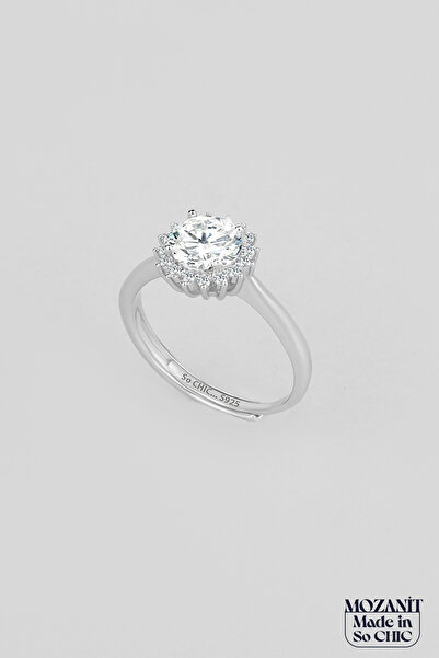 So CHIC... Ay Çiçeği Mozanit 18 Ayar Beyaz Altın Kaplama Gümüş Ayarlanabilir Yüzük