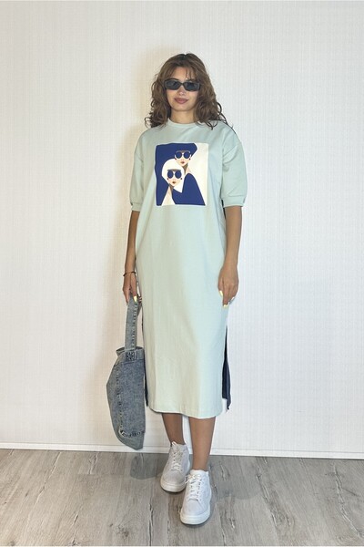 TF The Fancy For You Kadın Bisiklet Yaka Truvakar Kol Bakılı Midi Boy Sweat Elbise