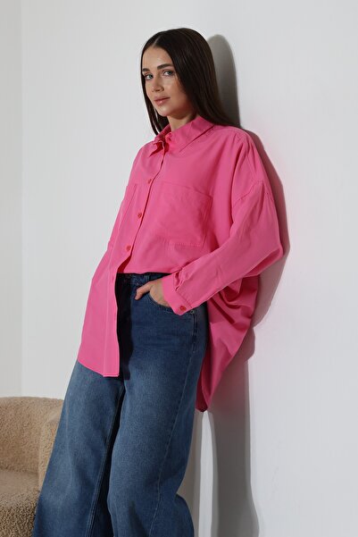 Corradeo Giyim Γυναικείο πουκάμισο τουνίκ από ύφασμα ποπλίνα oversized βαμβακερό φούξια ροζ
