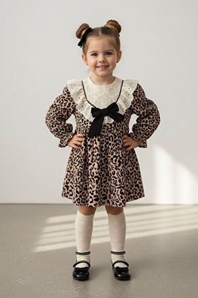 Minigimin Cicileri Рокля за момичета с леопардов принт и сладки ръкавички - Кафе