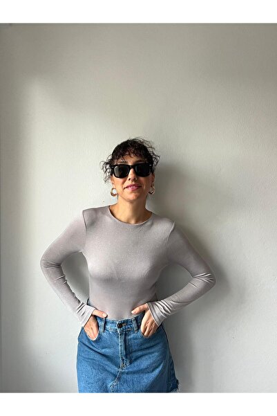 Dresslabtr Gray Glitter Self Shining Shaping / Sculpting Soft Textured Long Sleeve Body Bodysuit