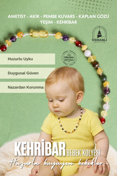 OSMANLI DOĞAL TAŞ Sertifikalı Doğal Taş Bebek Kolye - Kehribar,yeşim,kaplan G...