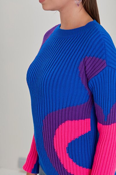 Sortie Women's Crew Neck Midi Length Patterned Slim Sax Color Knitwear Sweater