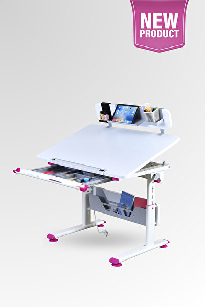 Creo Mobili Mini Vega Standart Çekmeceli Çalışma Masası, Yükseklik Ayarlı Çocuk Beyaz Ders Çalışma Masası