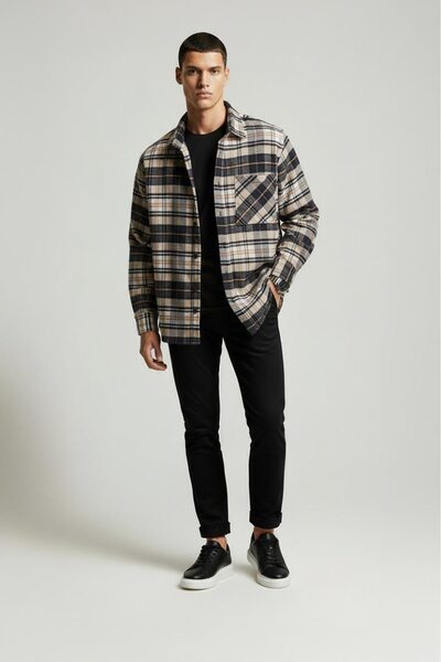 Etikmen Sütlü Kahve Lacivert Geçişli Oversize Oduncu Erkek Gömlek