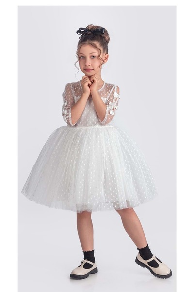 Mnk Baby&Kids Dantel Puanlı, Uzun Kol Prenses Kız Çocuk Elbise M00707 BEYAZ