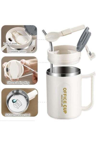 fulina Stay Hot Coffee Mug, Durable 304 Stainless Steel Insulated Mug, with Spoon and Straw, Grey