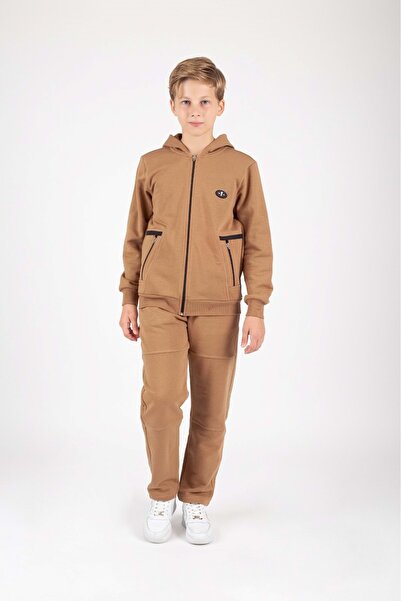 Mnk Baby&Kids Boy's Zipper Closure Hooded Hooded Sweatshirt Set with Crest Detail M00757 Brown