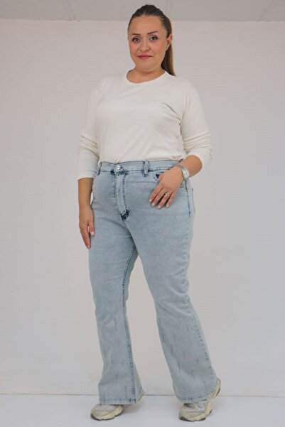 Eslina 9203-1 Plus Size Belted Leg Stone Detail Jeans - Snow Wash Ice Blue