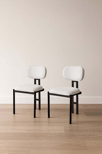 Atolye Casa Muriz Sandalye Siyah Ayak Beyaz Kumaş 2 Adet