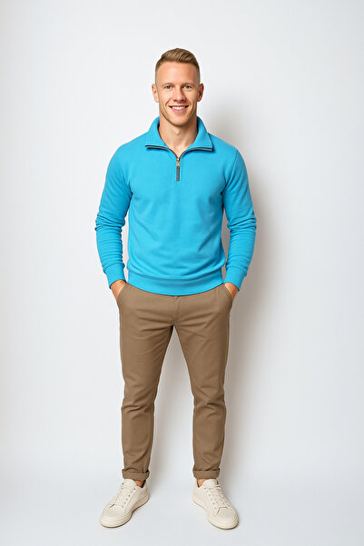 1nefes Mavi Oversize Şardonlu Erkek Sweat, uzun kollu