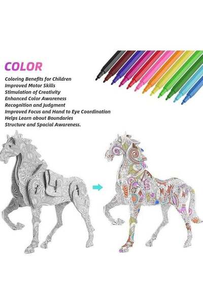 fulina 3D Coloring Puzzle Set, 4 Animals Wooden Puzzles with 12 Pen Markers, Art Painting Puzzle DIY Toys