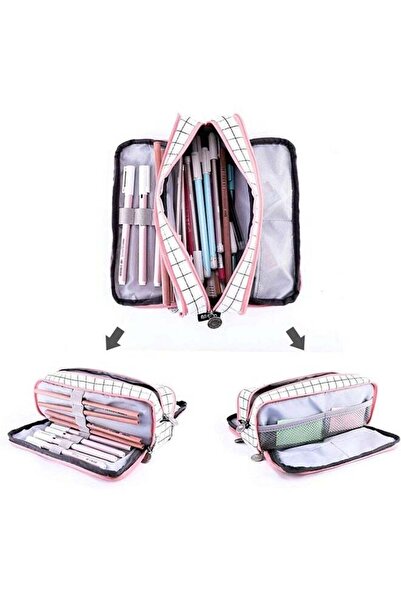 fulina Cute Plaid Pencil Case Large Striped Makeup Pouch Cosmetic Organizer Bags 3 Layer Zipper Pen Holder