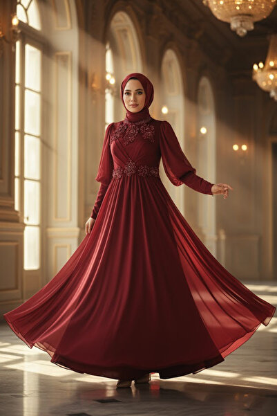 Neva Style Βραδινό φόρεμα με χάντρες μπορντό σατέν χιτζάμπ 25822br