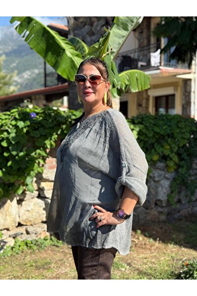 Punta Otantik Nc1868 Sequined Shoulder Ruched Silk Knitwear Italian Blouse Smoked