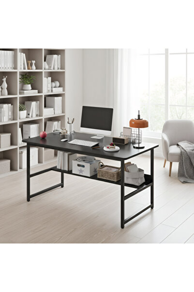 Aralifes Modern Computer Desk Gaming Table with Storage Shelves - Hardwood and Metal Study Desk