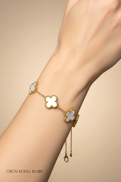 Çelik Beyaz Yonca Figürlü Altın Renk Bileklik