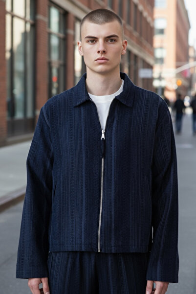 İLKCET MODA Мъжка тъмносиня къса яке с етнически мотиви